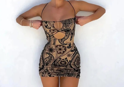 Hollow Flower Print Mini Dress