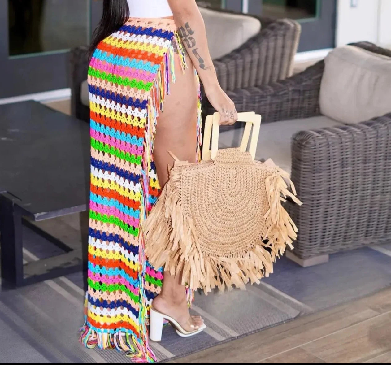 Rainbow Knit Waist High Side Cover Up Skirt