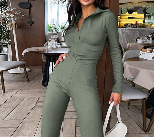 Long Sleeve V-Neck Skinny Jumpsuit