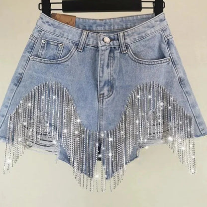 Tassel Rhinestone Denim Shorts